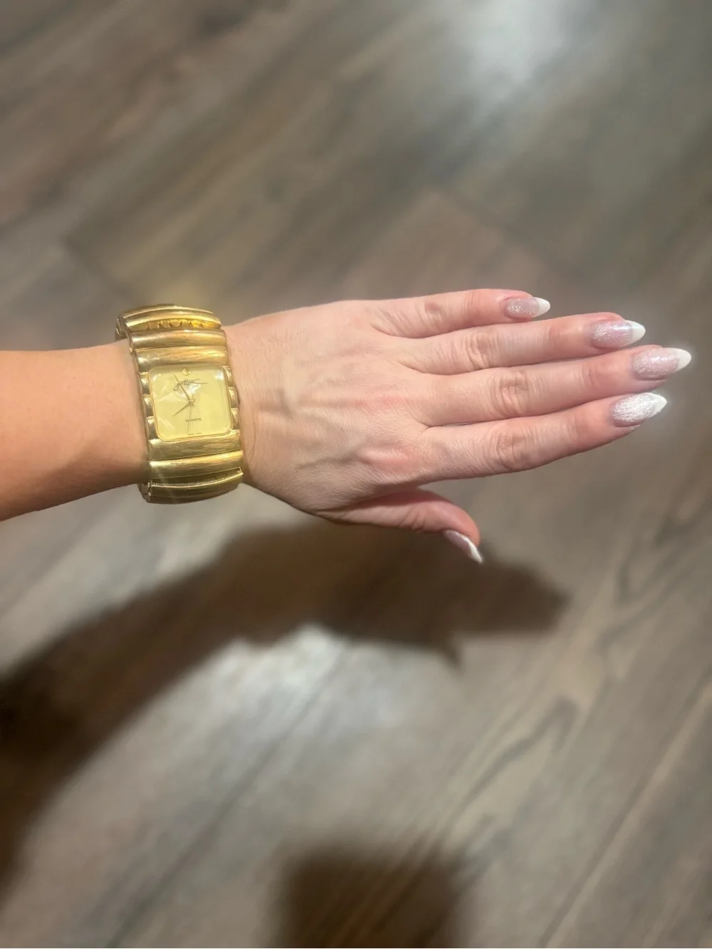 Vintage Gottex Gold Tone Cuff Watch Mother of Pearl Dial Quartz Stretch Band